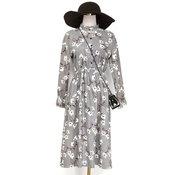

casual dresses women autumn winter dress 2021 vestidos mujer corduroy elegant party female midi print vintage ladies robe femme, Black;gray