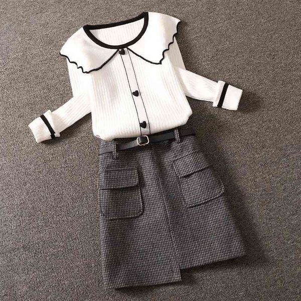 

fall winter elegant plaid wool skirt suit women korean peter pan collar knitted sweater and mini skirt female two piece set 211119, White