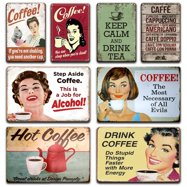 

pin up girl coffee metal sign vintage milk wine tin plates signs retro cafe kitchen irish pub cafeteria sweet home decor
