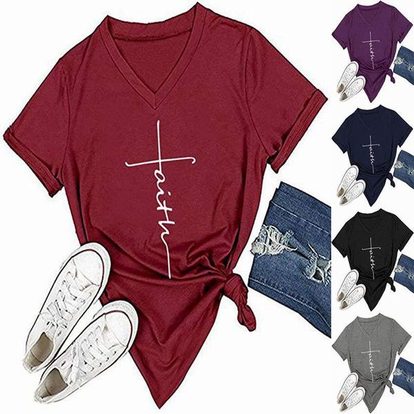 

women's t-shirt 2021 cross faith print v-neck loose short sleeve, White