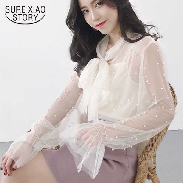 

blouse summer spring women chiffon shirt gauze bow beading female blouses office shirts blusa pink white 4323 50 210528