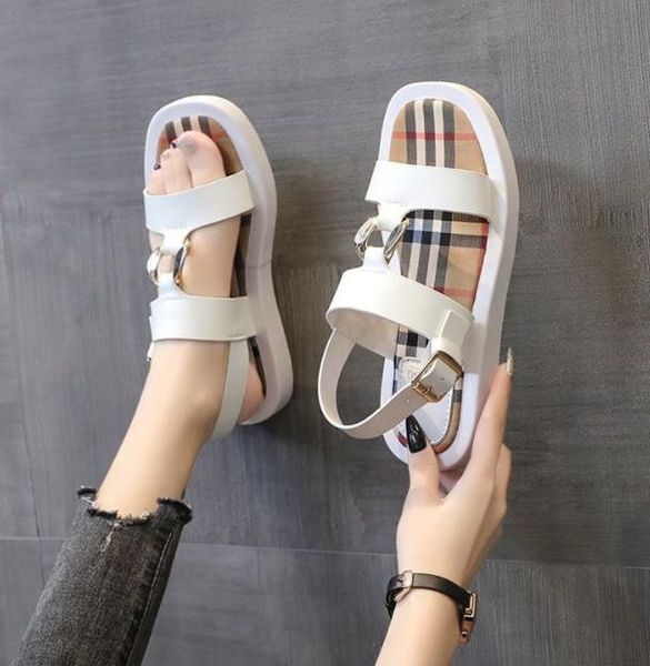 

women chunky sole sandals summer lady casual shoes platform fashion mid heels buckle strap shoe white, Black