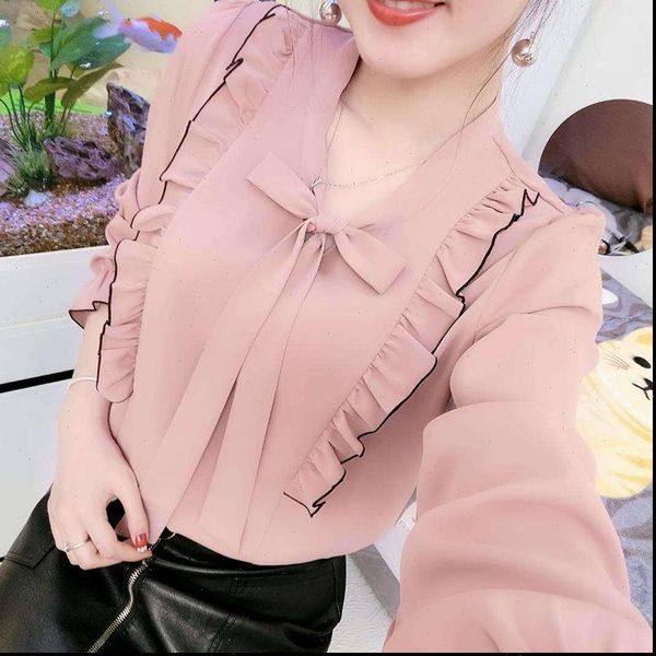 

spring summer style chiffon casual womens shirt long sleeve ruffles decor bow tie collar blusas dd8828, White