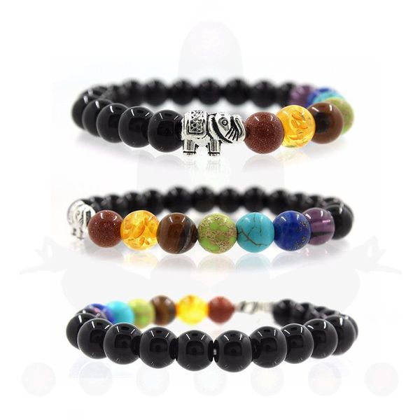 

charm bracelets lava matte stone 7 chakra beads bracelet with card for women men healing balance elephant yoga reiki prayer jewelry, Golden;silver