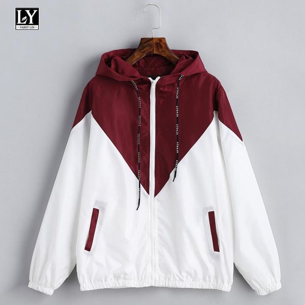 

ly varey lin hooded two tone windbreaker jacket women casual zipper pockets long sleeves femme coats outwear women's jackets, Black;brown