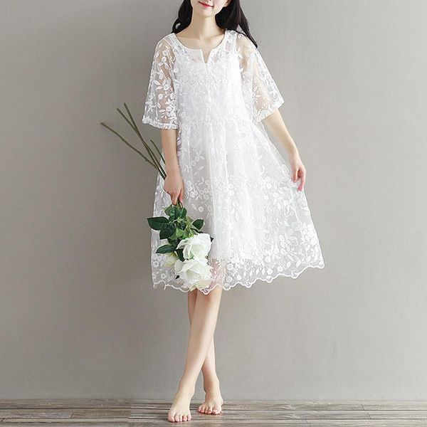 

style maternity clothing summer lace hollow one-piece dress white embroidery pregnant loose skirt dresses
