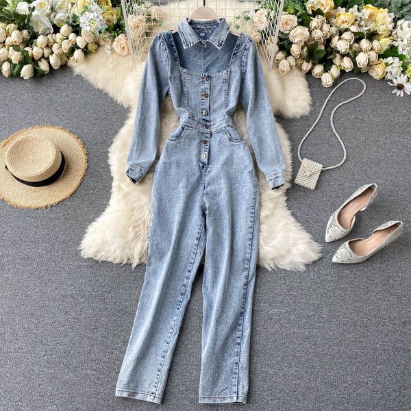 Design retro jumpsuits denim mulheres moda oco quadrado colar manga longa macacão coreano inseto longo macacões 210419