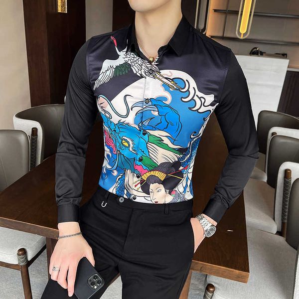 

spring summer floral shirt men's retro long-sleeved shirt slim casual shirt streetwear social office blouse chemise homme 210527, White;black