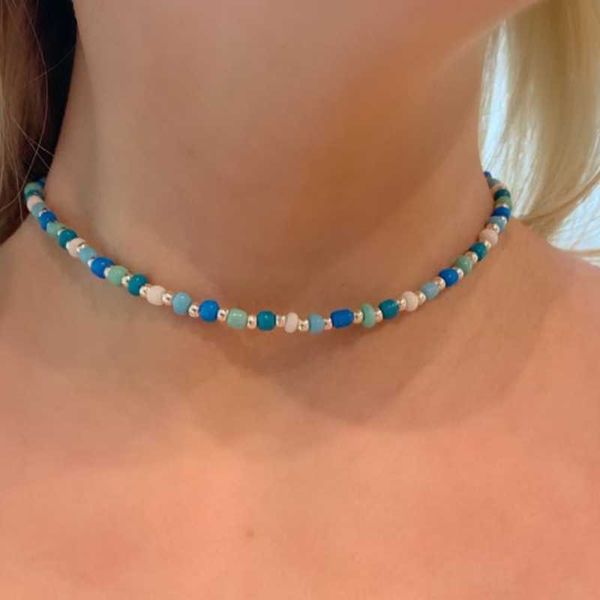 

chokers blue multicolor glass bead choker necklace beaded trendy jewelry seed, Golden;silver