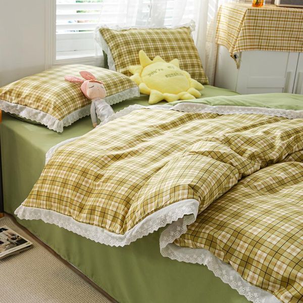 

bedding sets simple plaid set lace duvet cover pillowcase pure color bed sheet korean princess style cute quilt 4pcs