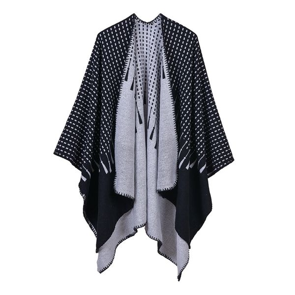 

european and american style simple fringed pattern jacquard split fork on both sides wild fashion imitation cashmere shawl 210427, White;black