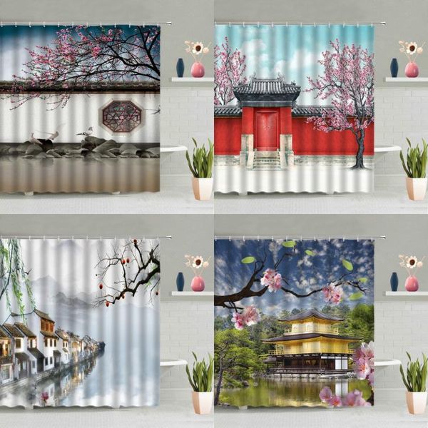 

shower curtains classical building curtain ancient town pink cherry blossom tree plants garden bird bathtub decor screen hanging