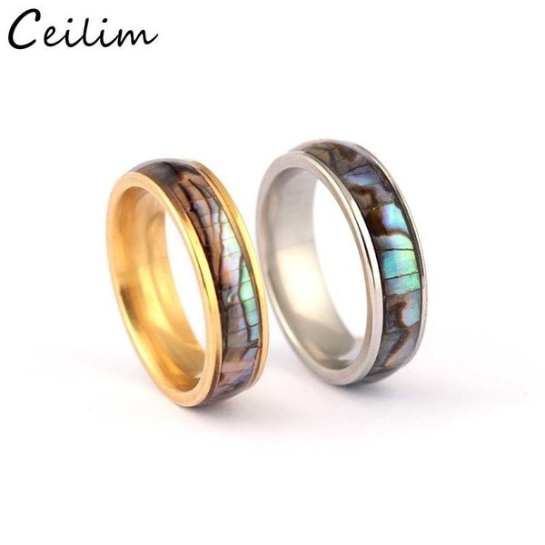 

shellhard abalone shell stainless steel finger rings wedding bands for men women comfort fit size 6-12 lovers couple's ring wholesale, Golden;silver