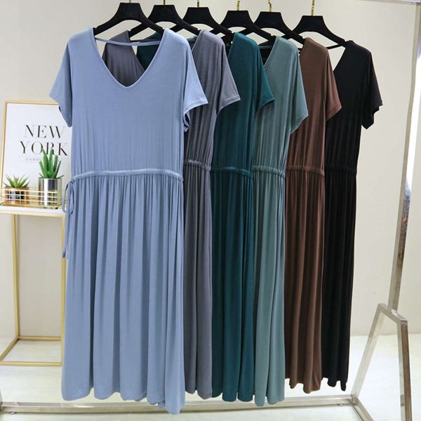 

summer loose waist long skirt casual women's double v-neck open back drawstring dress, Black;gray