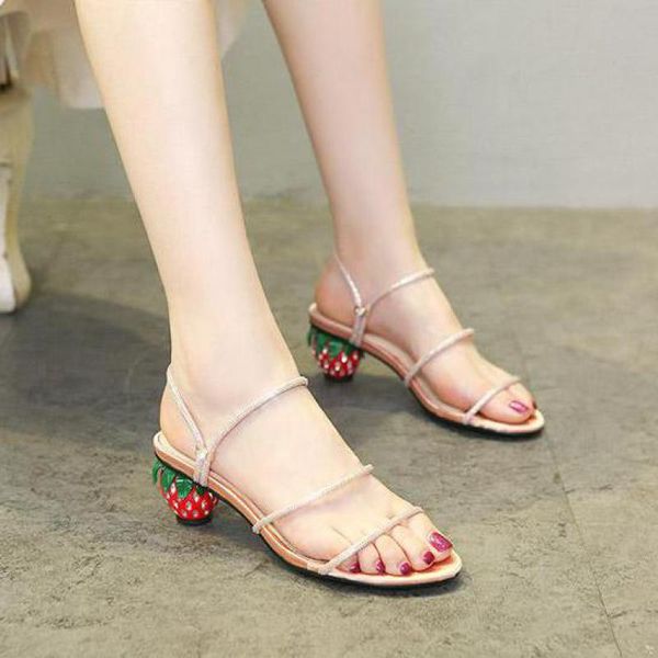

size 31-39 summer sandals strawberry heel fashion woman shoes luxury slip on silver lady, Black