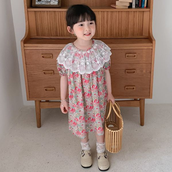 

kids baby girl princess dress clothing kids girls dress summer baby girls lace collar short sleeve printing dresses, Blue