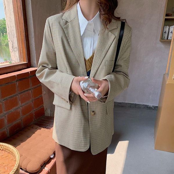 

women's suits & blazers [ewq] korea chic temperament khaki lattice blazer autumn 2021 notched loose single breasted long sleeve suit ja, White;black