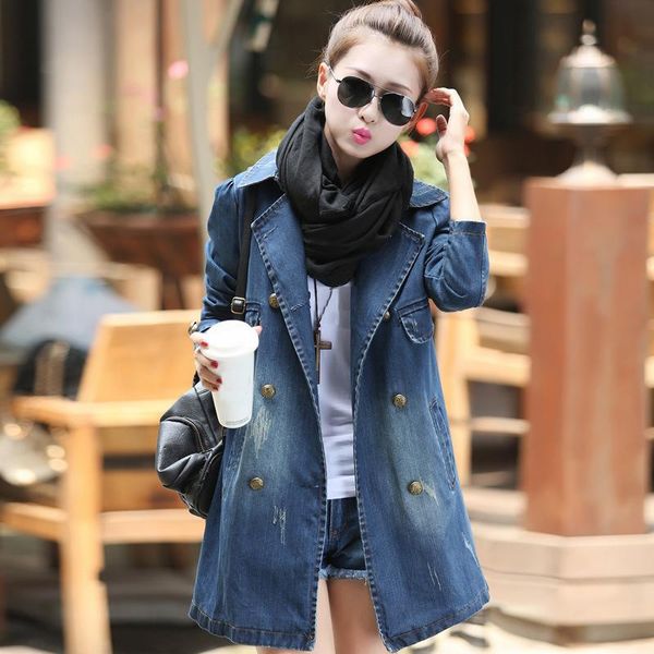 

women's jackets autumn women long denim jacket vintage double breasted sleeve embroidery jean lady korean big size trench coat, Black;brown