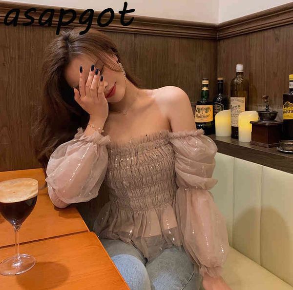 

temperament chic korean puff sleeve chiffon blouse women 2021 spring clothing fashion square neck pleated mesh shirts short sexy, White