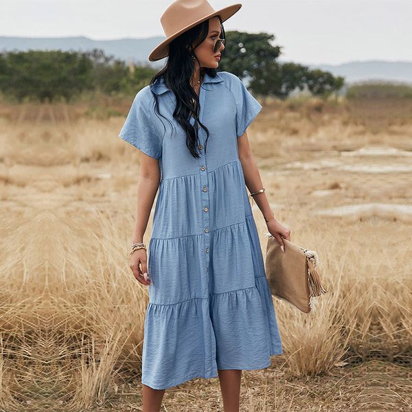 

dress women elegant single breasted short sleeve loose summer dress casual high waist v neck ladies holiday a line dresses 210412, Black;gray