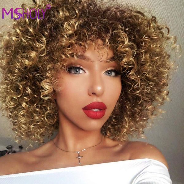 

afro kinky curly wig synthetic short wig with bangs mixed brown blonde red gray wig ombre hair wigs for black women msholy