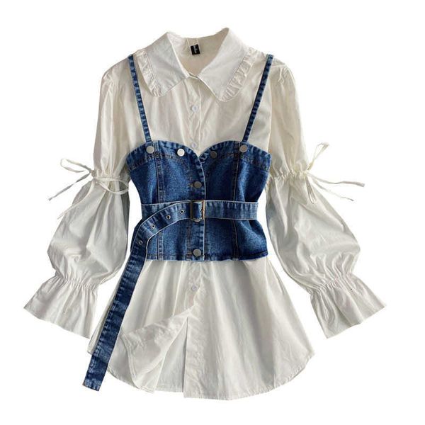 

women's blouses & shirts spring korean elegant women 2 piece blouse set tie puff sleeve ruffle turn-down collar + sashes gg7m, White