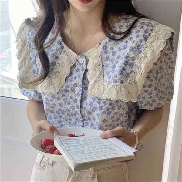 Balo Florals Çerçeve Tarzı Kızlar Yaz Bayan Streetwear Gömlek Tüm Maç Kısa Kollu Tatlı Ince Bluzlar Tops 210525