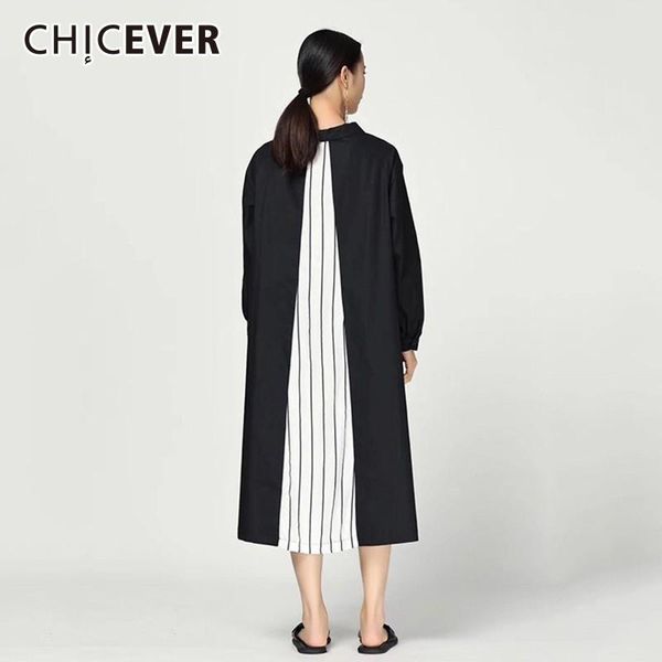 

casual dresses chicever spring women dress lapel long sleeve back patchwork striped print button loose oversize slim female 2021, Black;gray