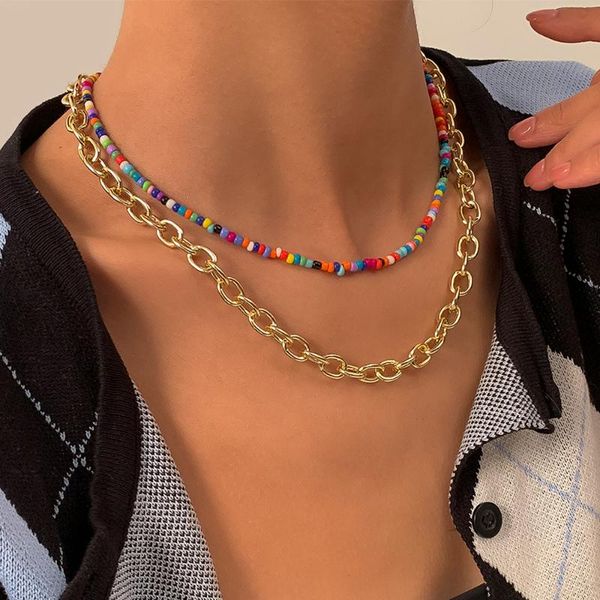 

chains ingemark boho rainbow seed bead cross chain necklace choker collar gold color goth vintage aesthetic jewelry for women men, Silver