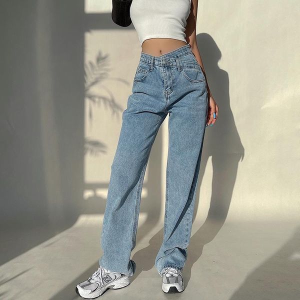 

women's jeans mom woman high waist baggy femme vaqueros mujer boyfriend vintage wide leg taille haute stacked straight denim irregular, Blue