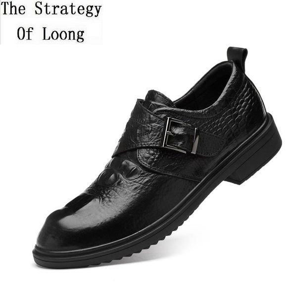 

dress shoes spring autumn korean style men crocodile pattern buckle business leather male genuine slip-on casual 200319, Black
