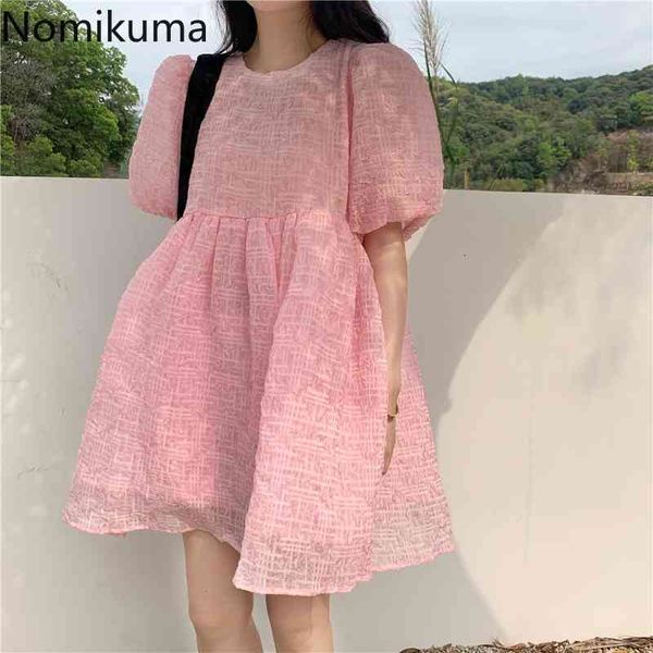 

nomikuma sweet summer dress women robe solid color o neck puff sleeve a line mini dresses female high waist chic vestidos 210514, Black;gray