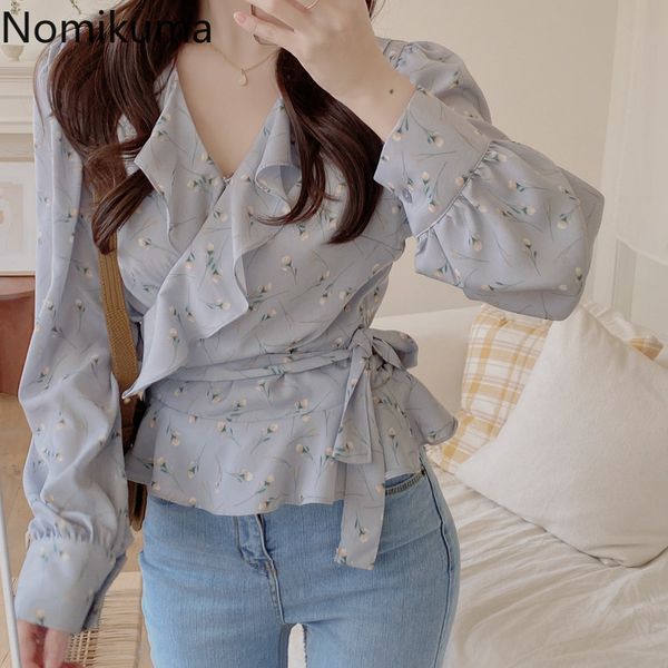 

nomikuma slim waist chiffon blouse women ruffle floral printed shirts v neck long sleeve korean chic female blusas 3c852 210514, White