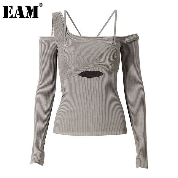 [EAM] Aushöhlen Grau Strickpullover Lose Fit Slash Neck Langarm Frauen Pullover Mode Herbst Winter 1DD2267 210810