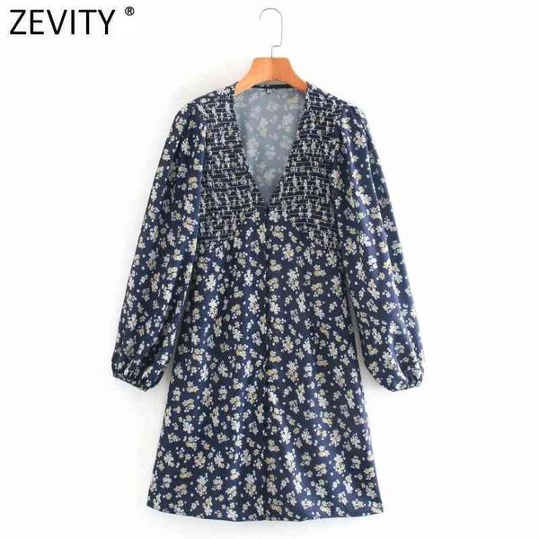 

zevity women vintage v neck elastic flower print a line mini dress femme pleats puff sleeve casual slim vestido cloth ds4665 210419, Black;gray