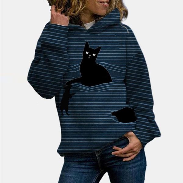 

women's hoodies & sweatshirts women hood stripe 3d cat printing long sleeves sweatshirt autumn winter fashion female loose pullover blo, Black