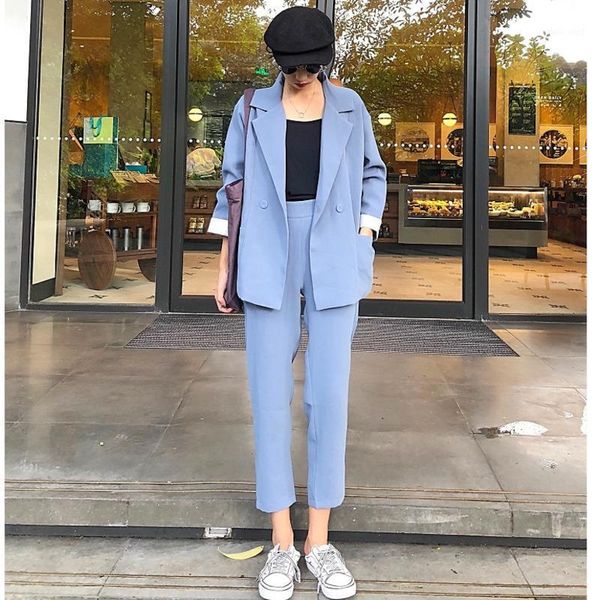 

two piece dress women sets single button solid simple all-match korean style pockets leisure daily womens ankle-length pant pieces set 1 bs3, White