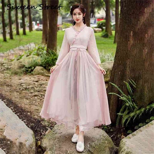 Mulheres longas vestido elegante rosa chiffon estilo chinês hanfu faixas de v-pescoço de comprimento de torno da manga da noite vestidos 210603