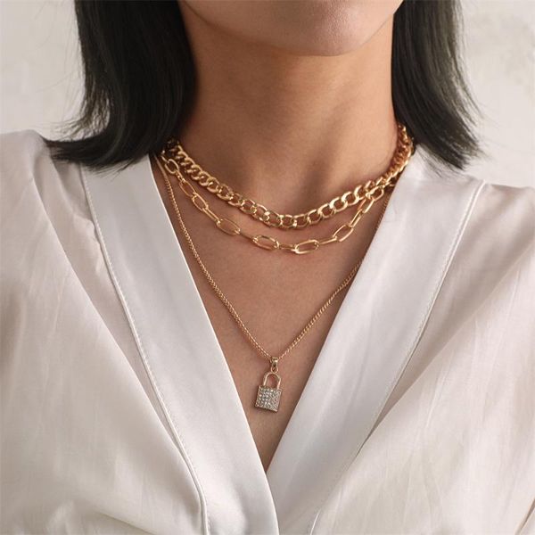 

pendant necklaces punk crystal lock necklace for women thick chain charm choker trend party jewelry friend gift female, Silver