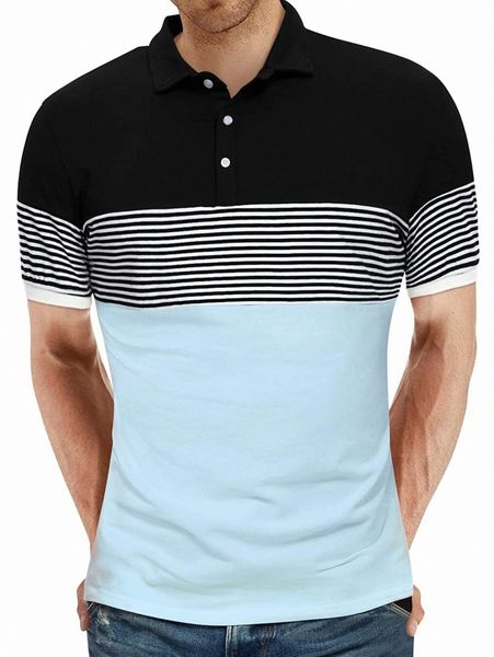 

men striped print colorblock polo neck tee p3nk#, White;black