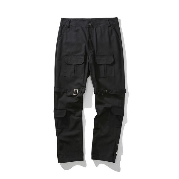 

new multi-pockets knee buttoned straight cargo pants men and women ankle button loose casual trousers hip hop baggy track pants, Black