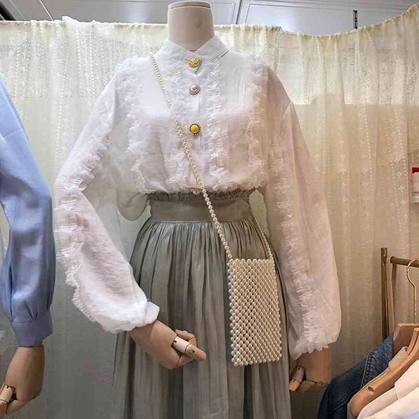 

sweet lace edge pachwork buttoned shirts women white blouse elegant solid long sleeve women spring blusas mujer 210514