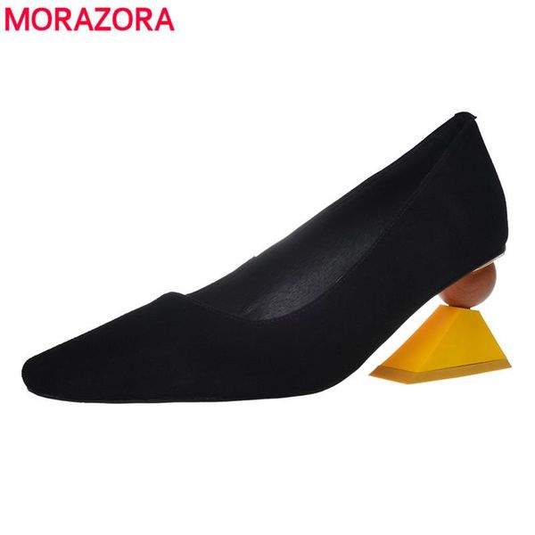 

dress shoes morazora 2021 suede leather pumps women shallow pointed toe summer unique high heels party wedding woman, Black