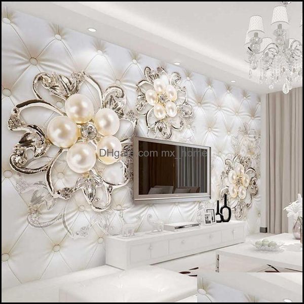 Wall Stickers Home Decor Giardino 3D Fantasy Europese Stijl Zachte Pack Stereo Relief Parel Bloemen Tv Achtergrond Muur Muurschildering El W