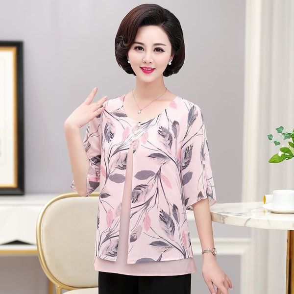 

women's blouses & shirts fake two pieces elegant women chiffon shirt 2021 summer o-neck plus size mother clothes half sleeve pullover, White