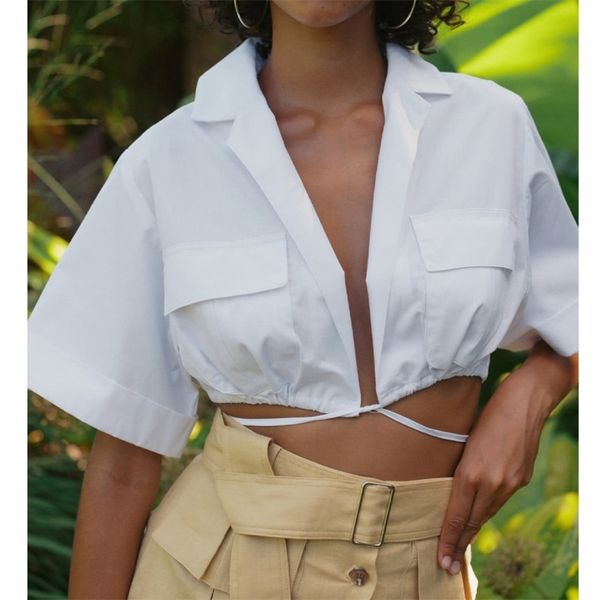 

women's two piece pants women white cotton crop blouses notched drawstring loose short sleeve high street 2021 eb