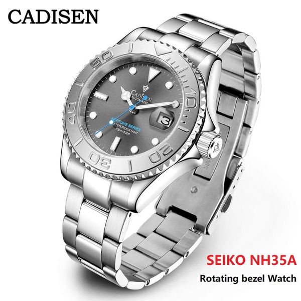 

wristwatches cadisen men automatic watch sapphire luxury mechanical wristwatch 100m waterproof nh35a movement rotating bezel, Slivery;brown