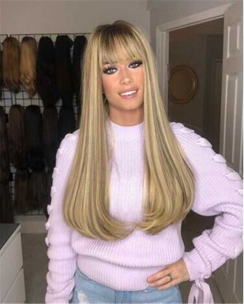

26inch lace fashion women's curly chemical fiber head high temperature silk long straight hair middle split wig set, Black