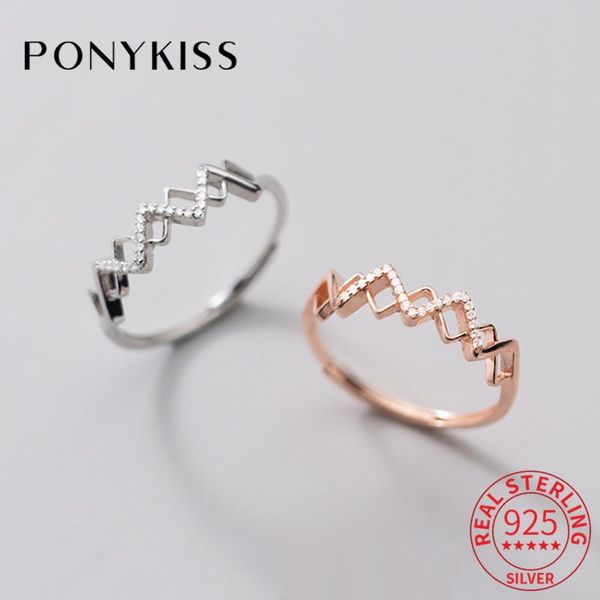 

cluster rings ponykiss classic 925 sterling silver wave and cross zircon adjustable ring fine jewelry for women party wholesale accessory gi, Golden;silver