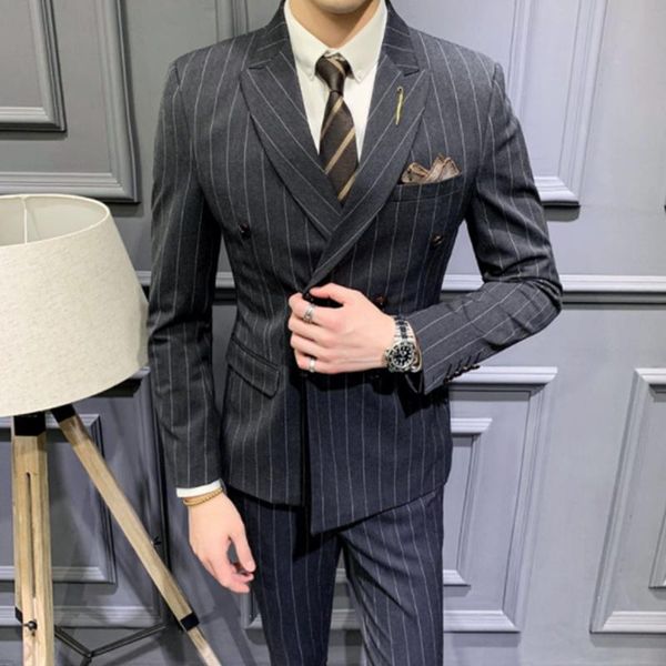

men's suits & blazers three-piece suit slim korean version marry autumn business british grid double row stand-up collartwo buttons, White;black